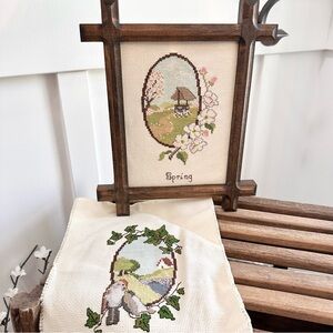 Vintage Framed Spring & Summer Cross Stitch with Floral Leaves Oval Dark Frame